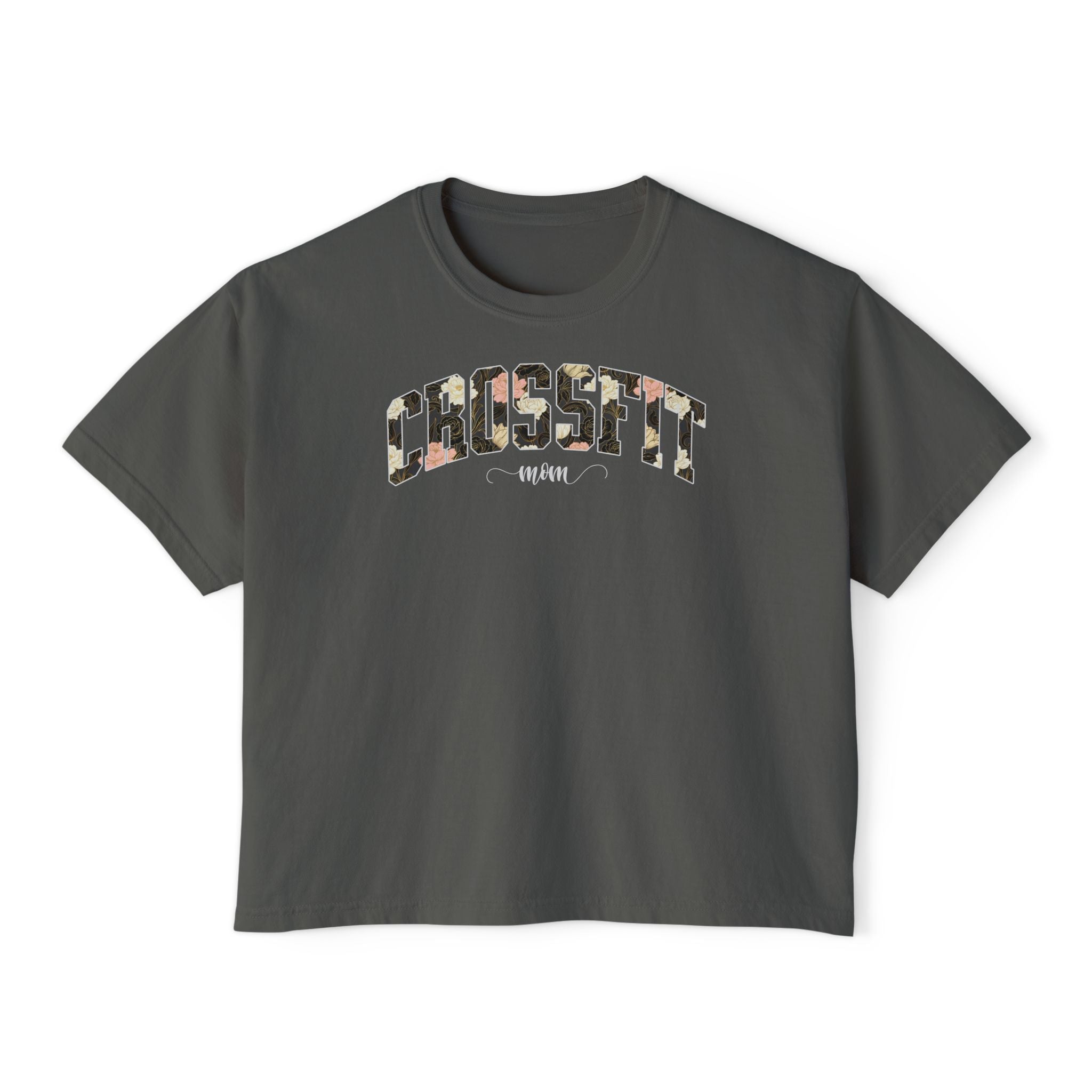 Crossfit Mom Dark Floral Boxy Tee | Fit Mama Workout Crop Top