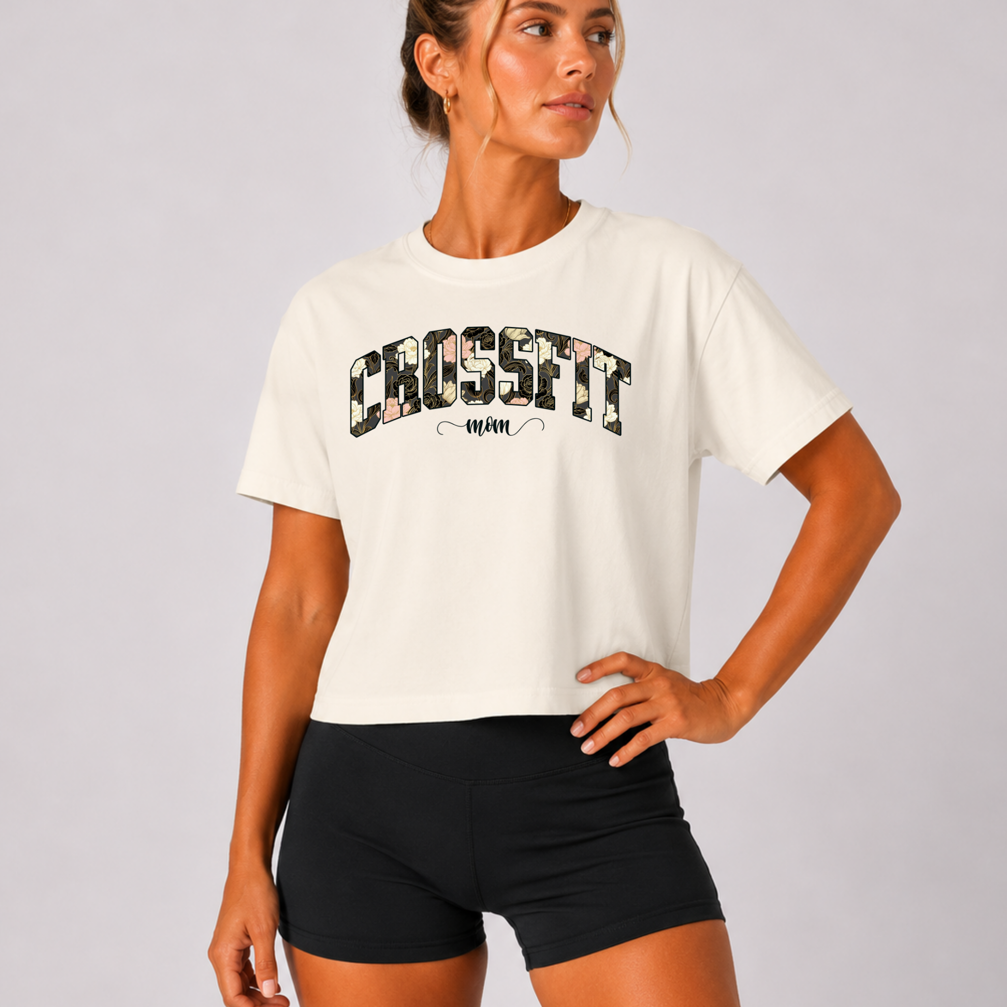 Crossfit Mom Dark Floral Boxy Tee | Fit Mama Workout Crop Top