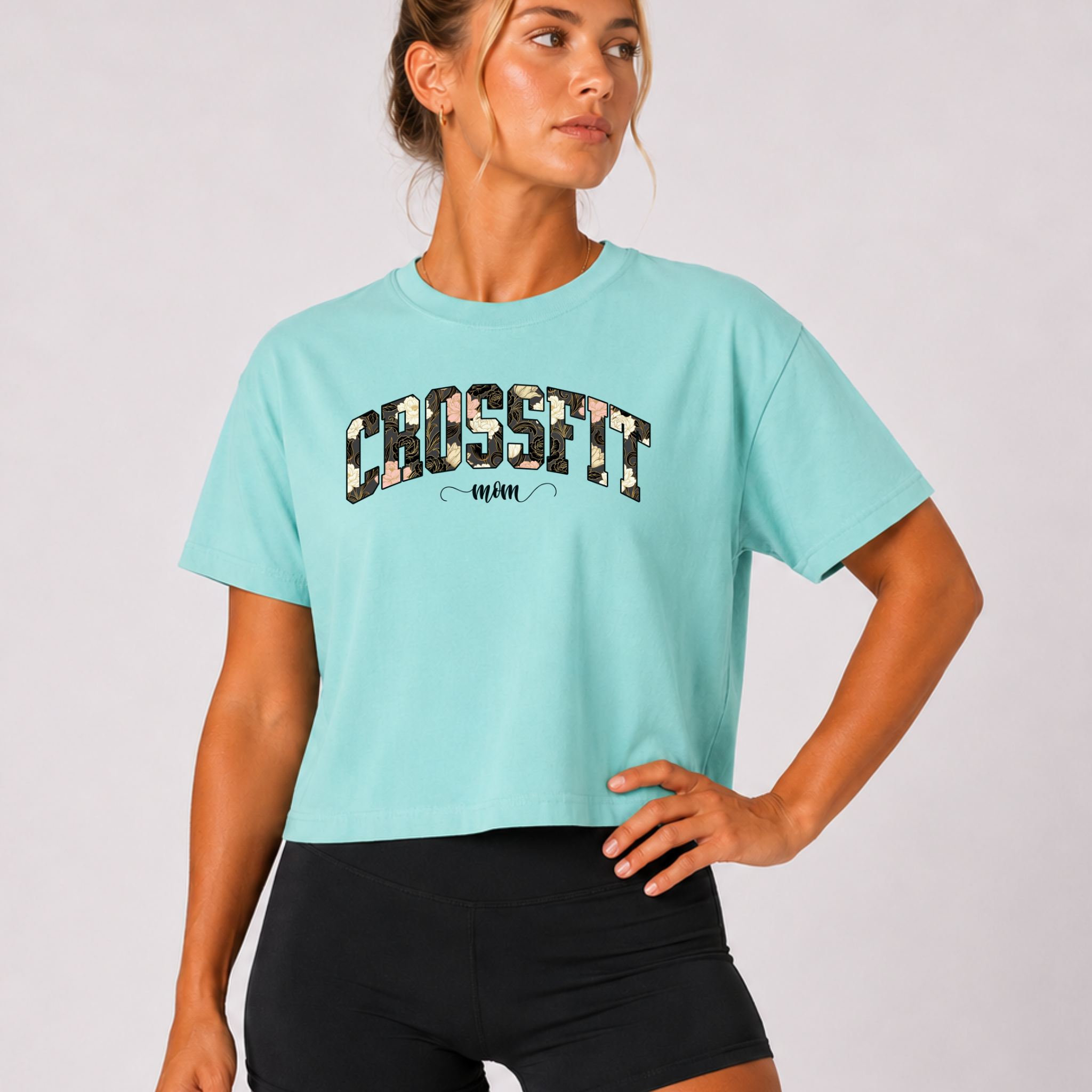 Crossfit Mom Dark Floral Boxy Tee | Fit Mama Workout Crop Top