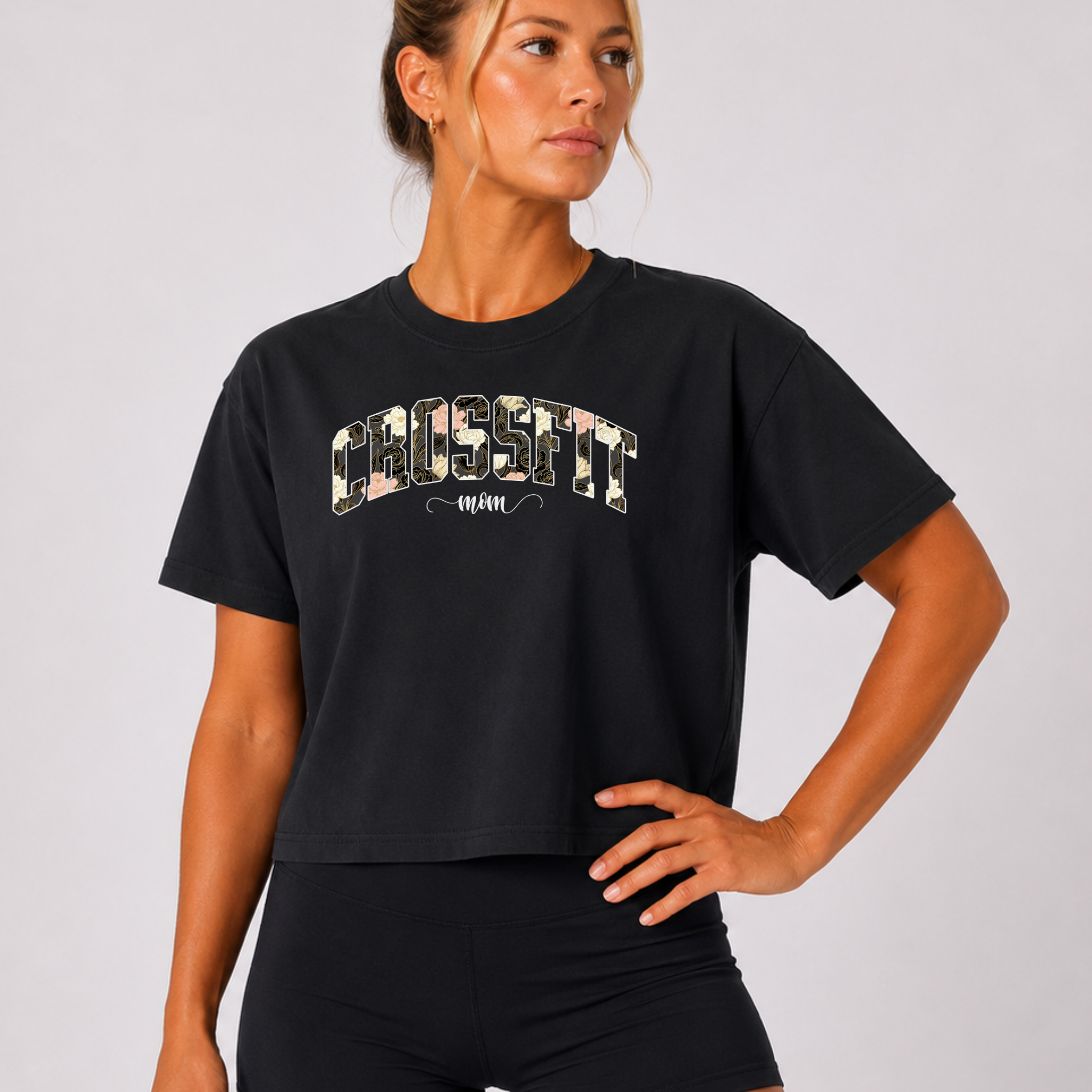 Crossfit Mom Dark Floral Boxy Tee | Fit Mama Workout Crop Top