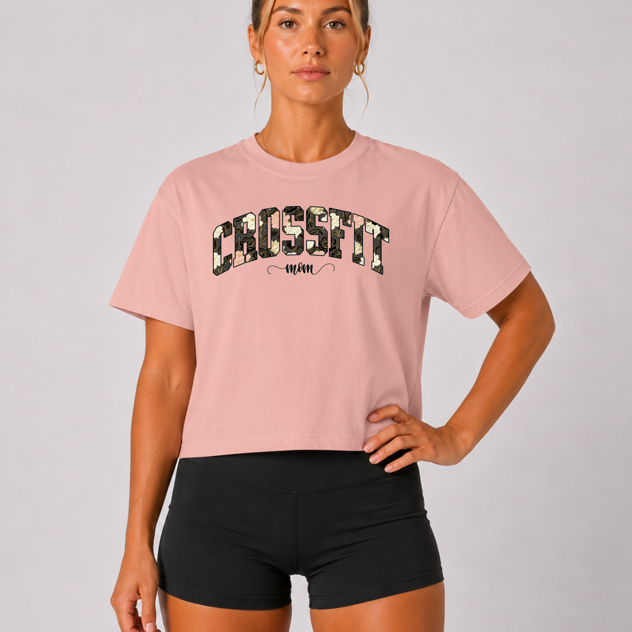Crossfit Mom Dark Floral Boxy Tee | Fit Mama Workout Crop Top