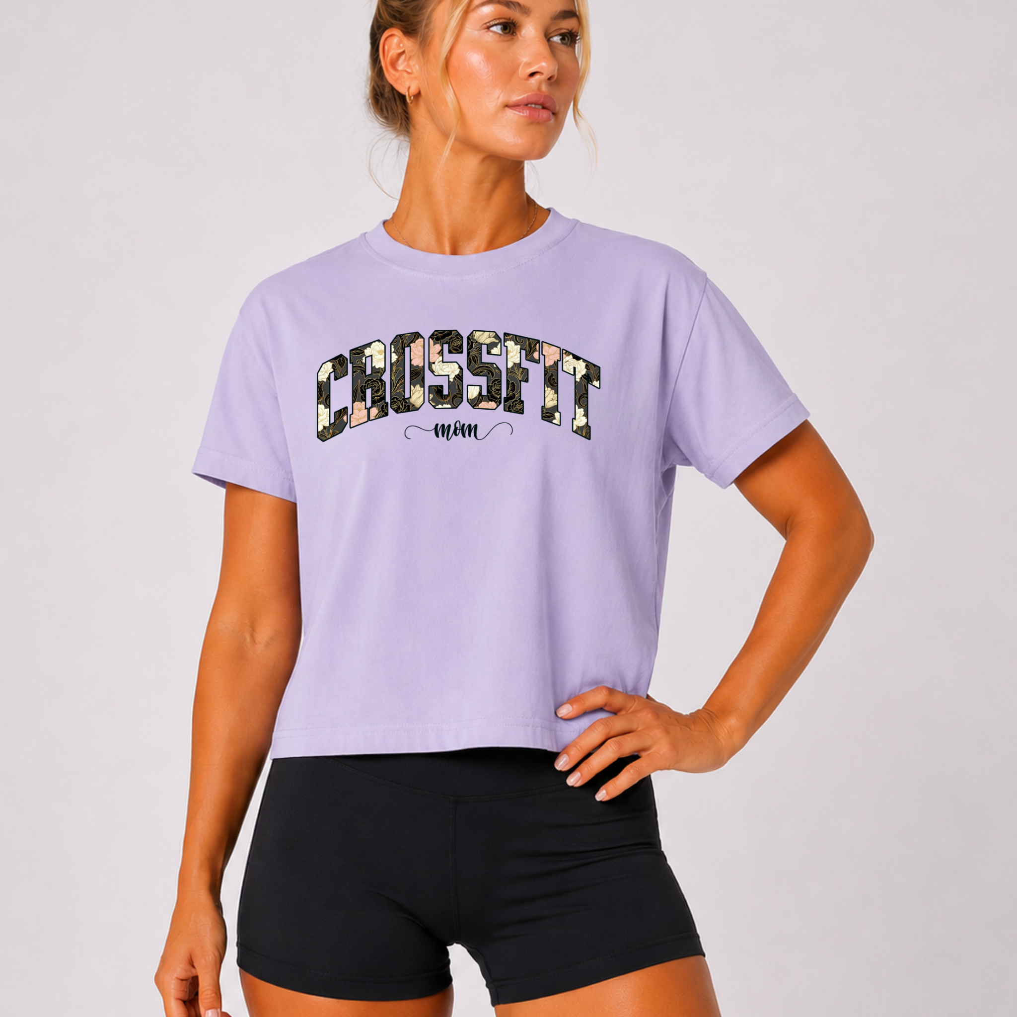 Crossfit Mom Dark Floral Boxy Tee | Fit Mama Workout Crop Top