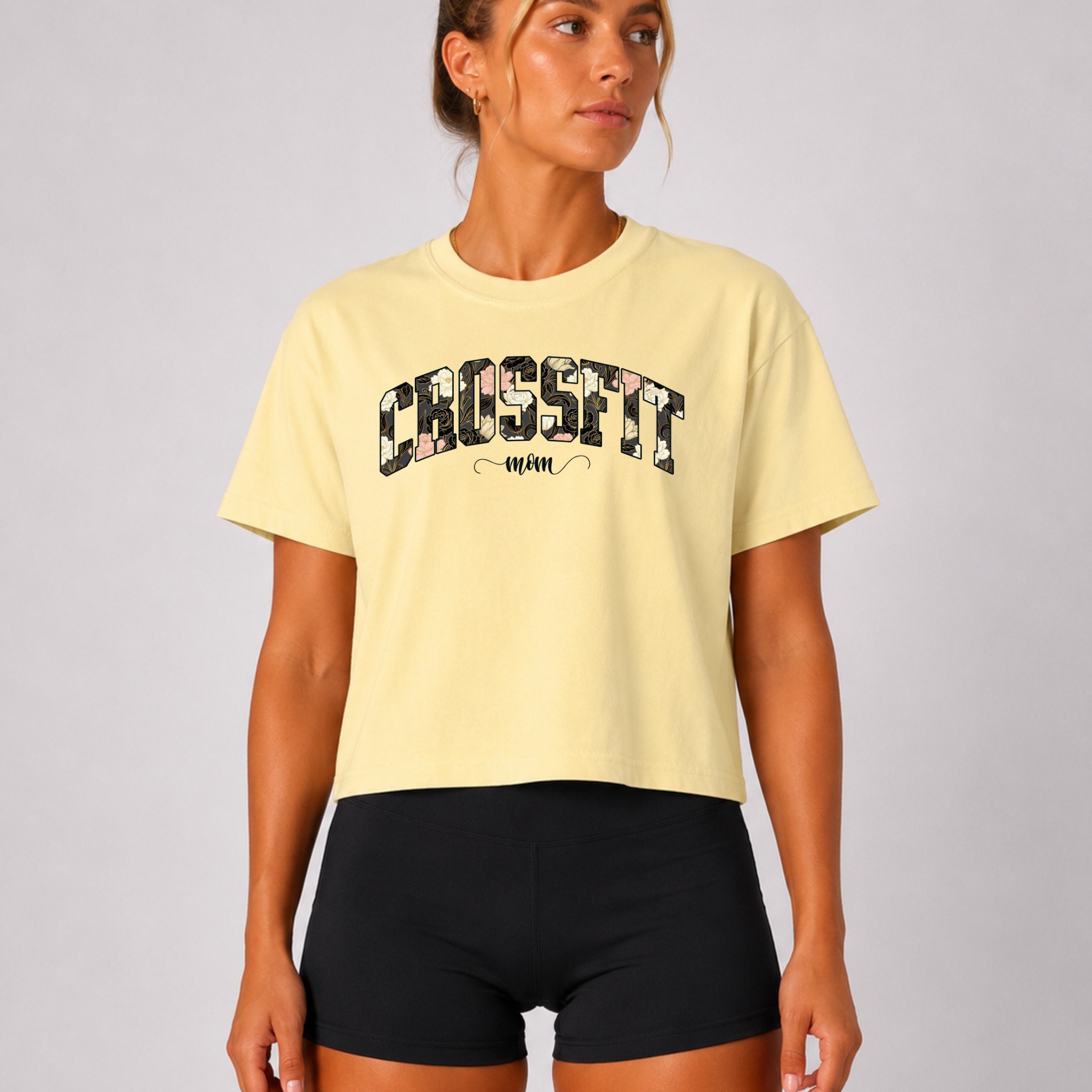 Crossfit Mom Dark Floral Boxy Tee | Fit Mama Workout Crop Top