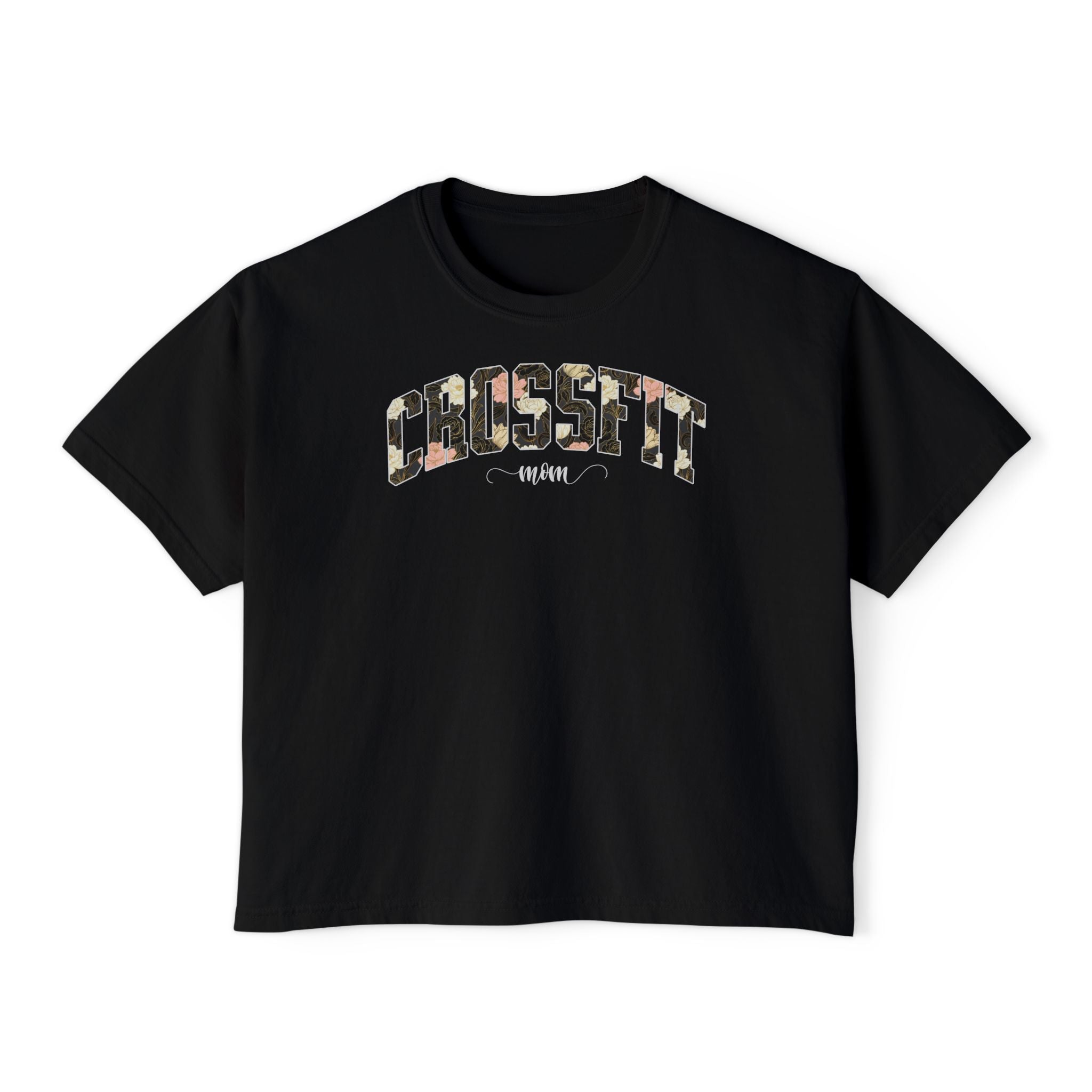 Crossfit Mom Dark Floral Boxy Tee | Fit Mama Workout Crop Top